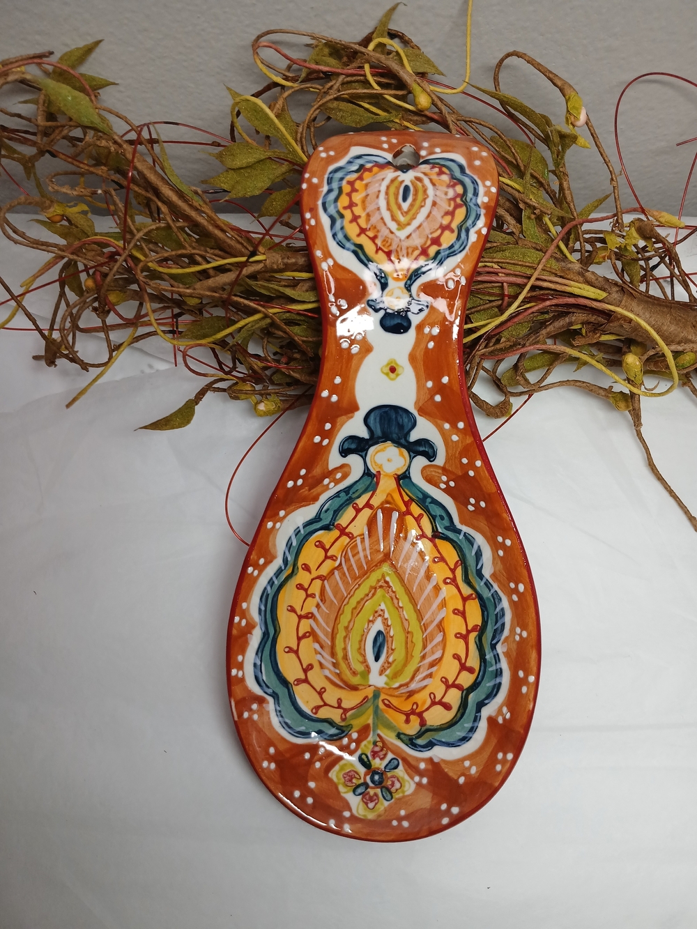 Hand-Painted Ceramic Spoon Rest in Orange and Yellow